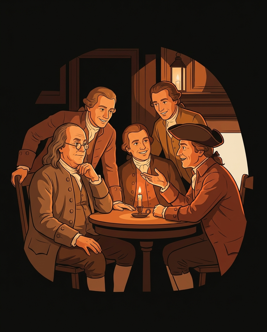 Benjamin Franklin and five friends arguing around a candlelit table